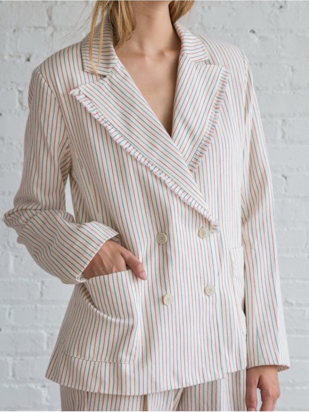 Raquel Allegra Cream Blazer with Red & Navy Pinstripes & Frayed Trim